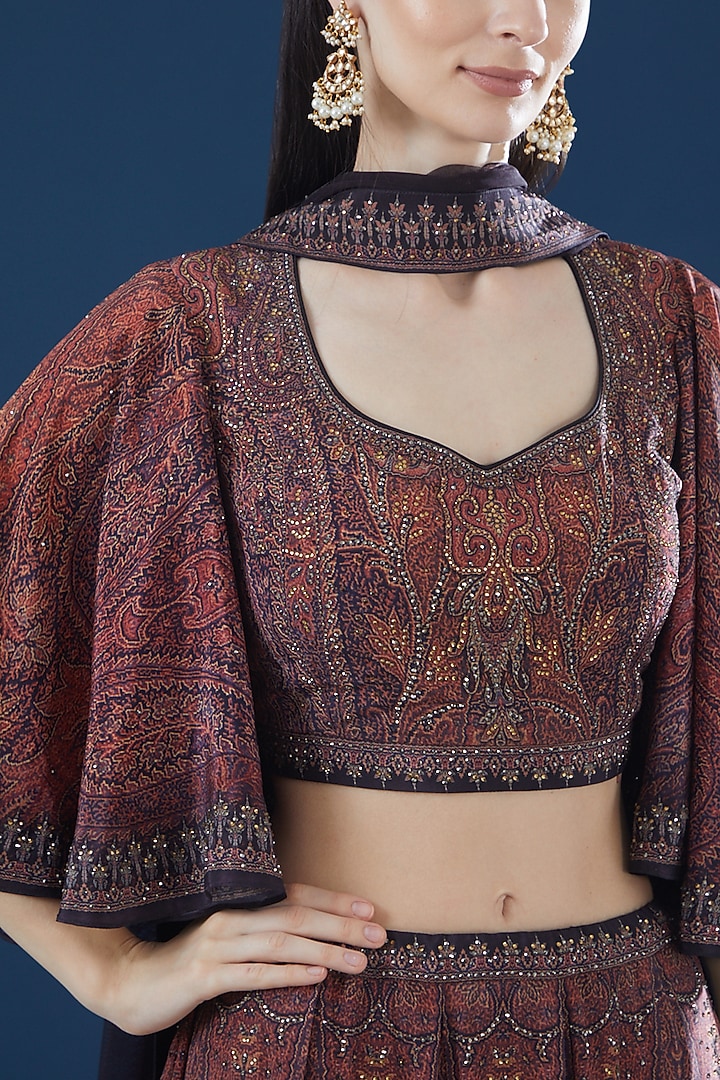 Maroon Bemberg Crepe Digital Printed Wedding Lehenga Set by NIRRAAMYAA at Pernia's Pop Up Shop