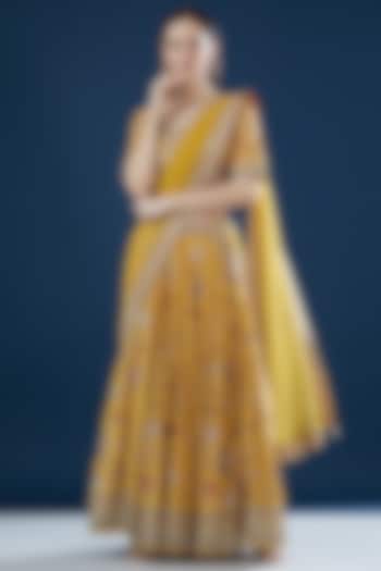 Mustard Bemberg Crepe Digital Printed Wedding Lehenga Set by NIRRAAMYAA at Pernia's Pop Up Shop
