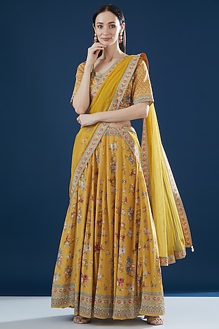 Mustard Bemberg Crepe Digital Printed Lehenga Set by NIRRAAMYAA