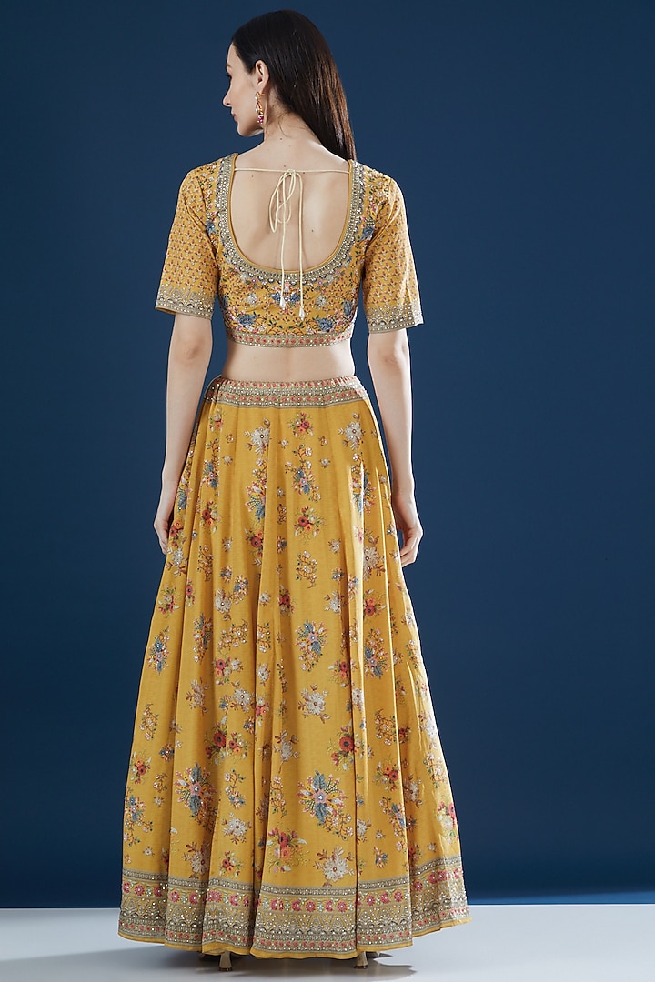 Mustard Bemberg Crepe Digital Printed Wedding Lehenga Set by NIRRAAMYAA at Pernia's Pop Up Shop