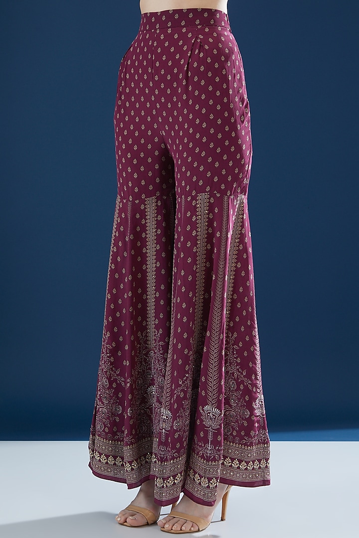 Wine Crepe & Georgette Printed Party Wear Sharara Set by NIRRAAMYAA at Pernia's Pop Up Shop