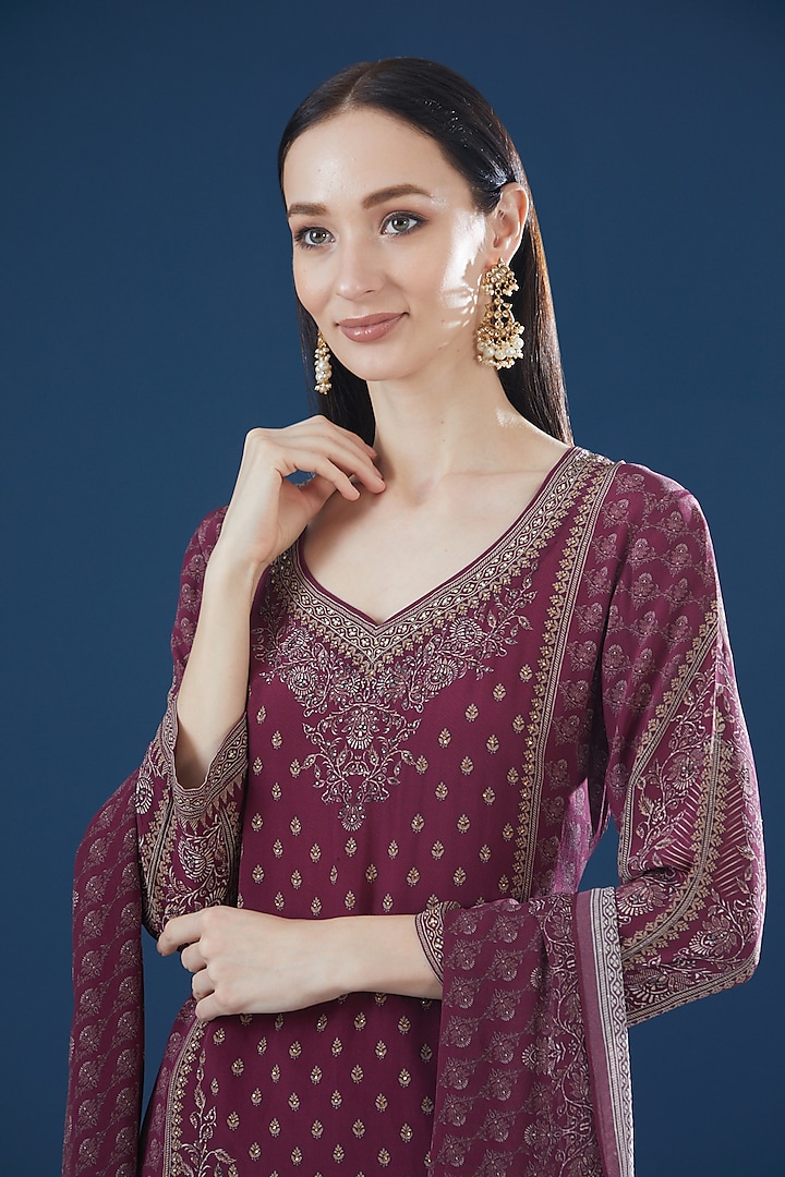 Wine Crepe & Georgette Printed Party Wear Sharara Set by NIRRAAMYAA at Pernia's Pop Up Shop