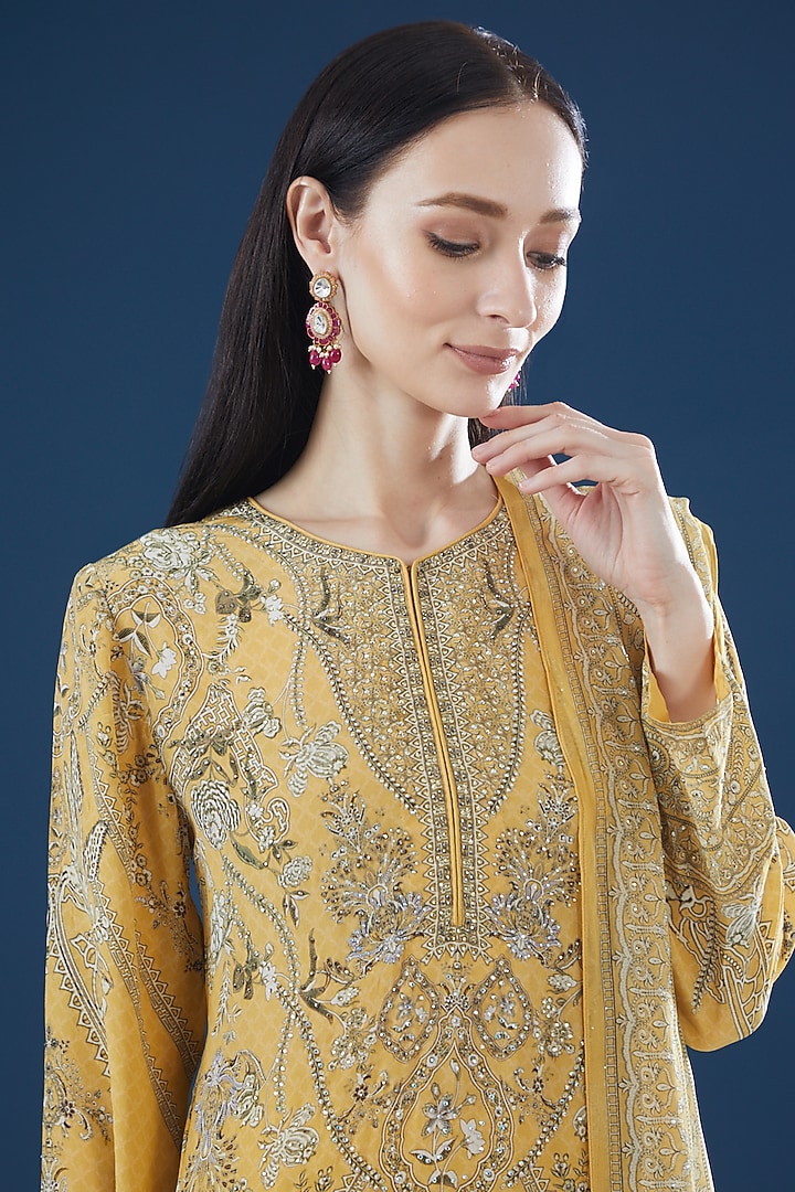 Yellow Crepe & Georgette Embroidered Kurta Set by NIRRAAMYAA at Pernia's Pop Up Shop