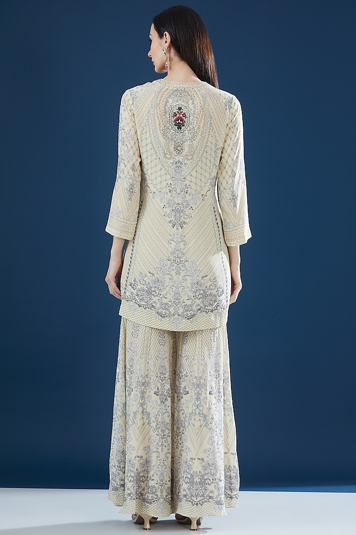 Ivory Crepe & Georgette Printed Party Wear Sharara Set by NIRRAAMYAA at Pernia's Pop Up Shop