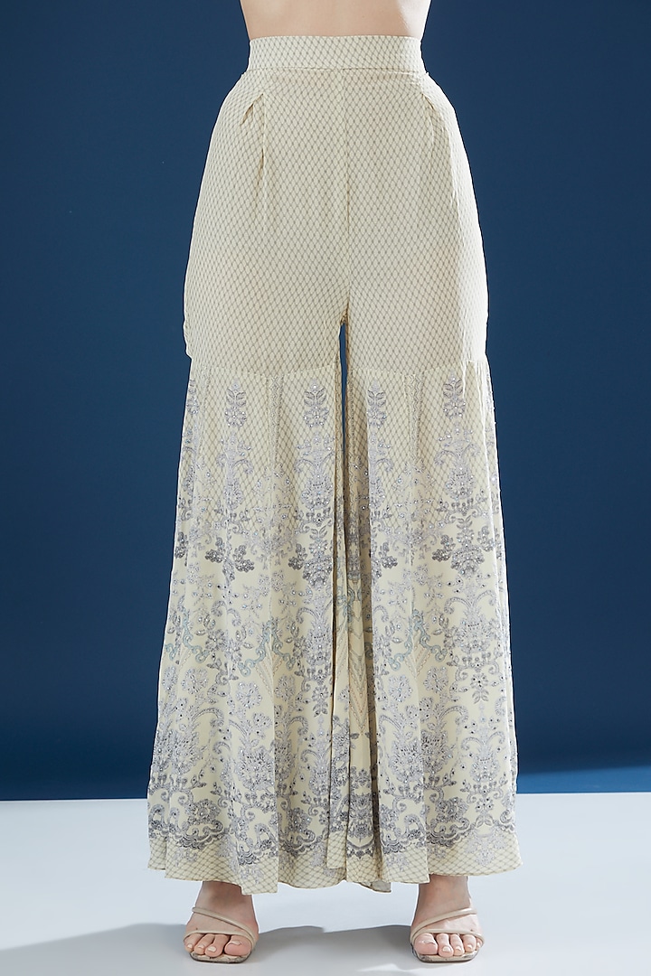 Ivory Crepe & Georgette Printed Party Wear Sharara Set by NIRRAAMYAA at Pernia's Pop Up Shop