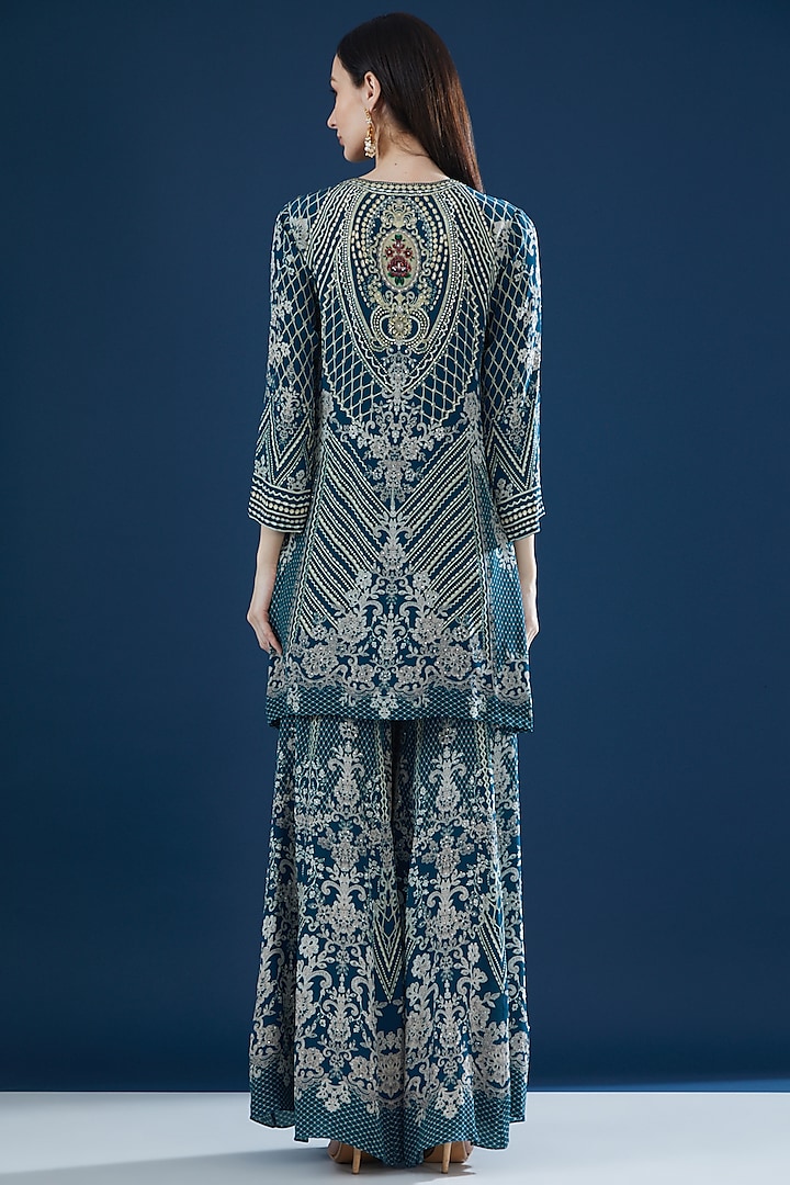 Blue Crepe & Georgette Printed Party Wear Sharara Set by NIRRAAMYAA at Pernia's Pop Up Shop