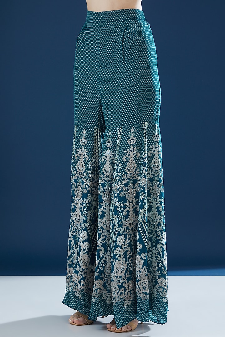 Blue Crepe & Georgette Printed Party Wear Sharara Set by NIRRAAMYAA at Pernia's Pop Up Shop