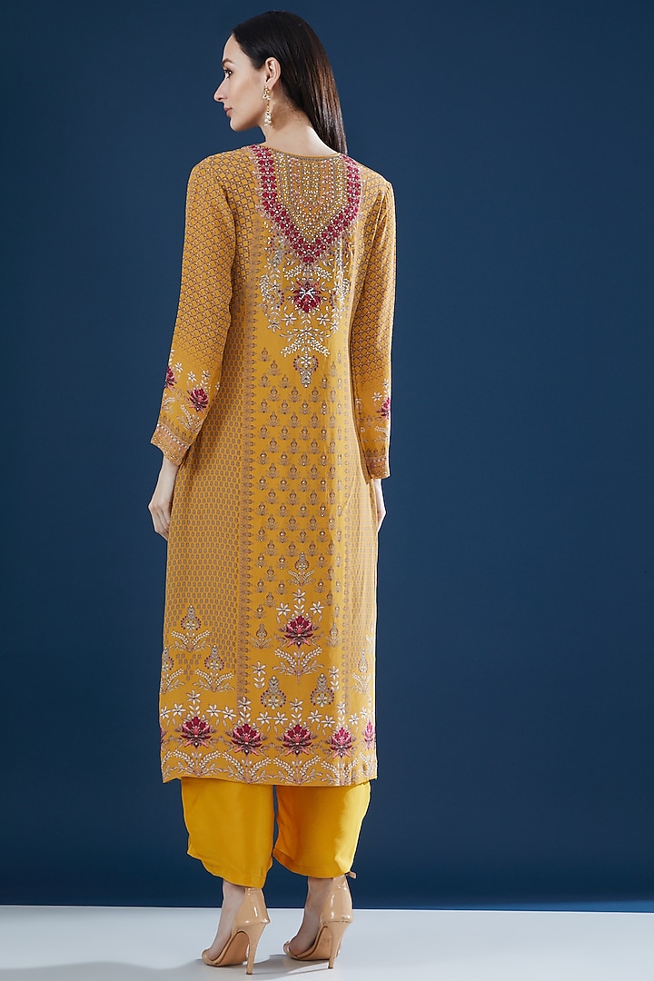 Mustard Crepe & Georgette Embroidered Kurta Set by NIRRAAMYAA at Pernia's Pop Up Shop
