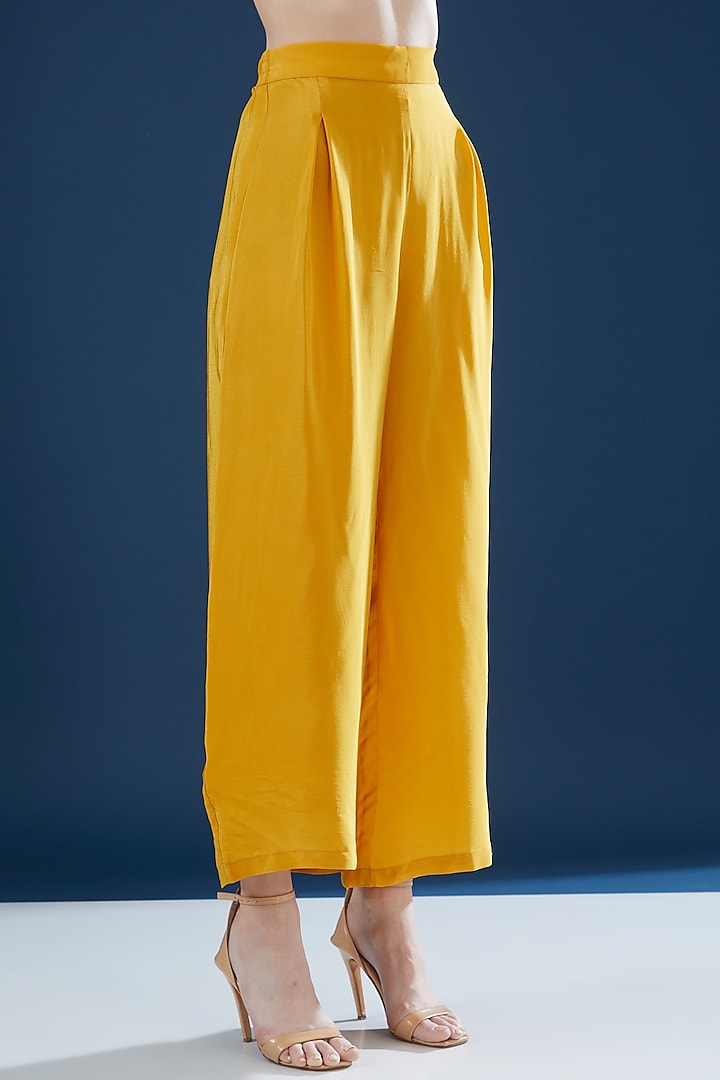 Mustard Crepe & Georgette Embroidered Kurta Set by NIRRAAMYAA at Pernia's Pop Up Shop