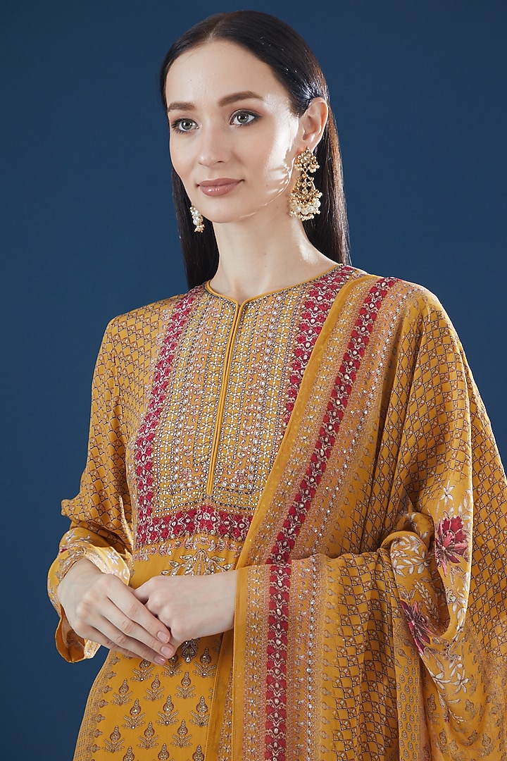 Mustard Crepe & Georgette Embroidered Kurta Set by NIRRAAMYAA at Pernia's Pop Up Shop