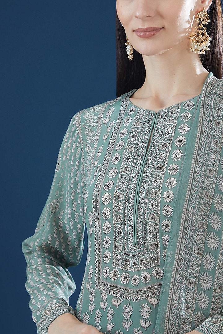 Mint Crepe & Georgette Embroidered Kurta Set by NIRRAAMYAA at Pernia's Pop Up Shop