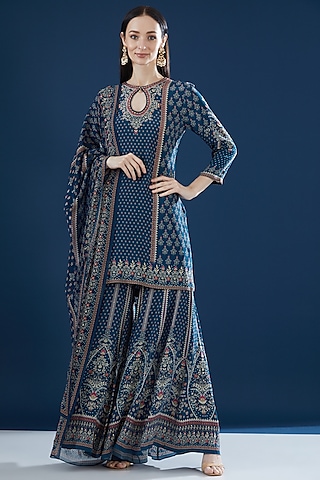 Blue Crepe & Georgette Printed Sharara Set by NIRRAAMYAA