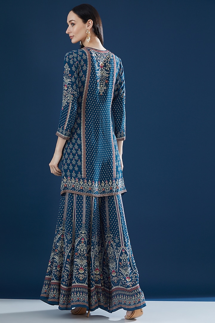Blue Crepe & Georgette Printed Party Wear Sharara Set by NIRRAAMYAA at Pernia's Pop Up Shop