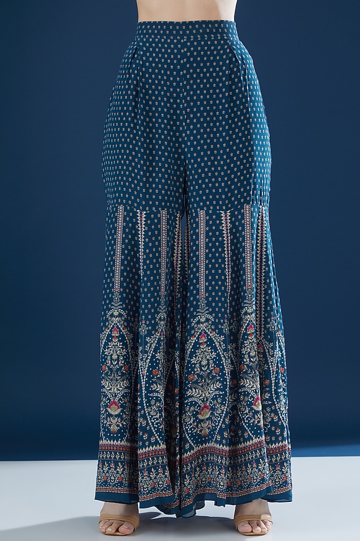 Blue Crepe & Georgette Printed Party Wear Sharara Set by NIRRAAMYAA at Pernia's Pop Up Shop