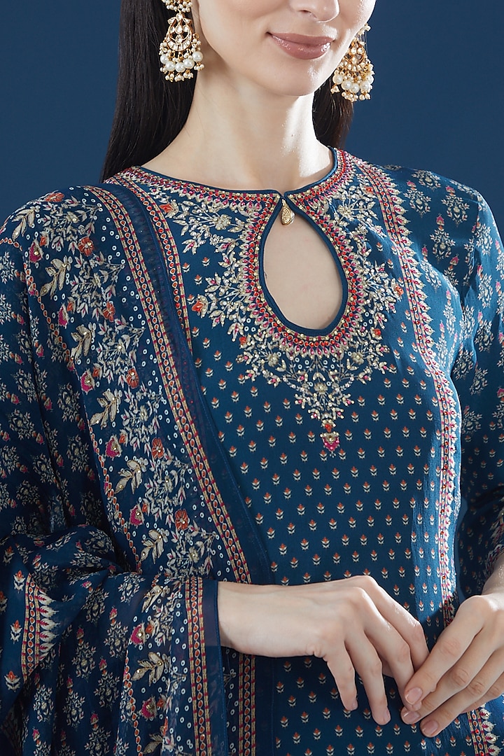Blue Crepe & Georgette Printed Party Wear Sharara Set by NIRRAAMYAA at Pernia's Pop Up Shop