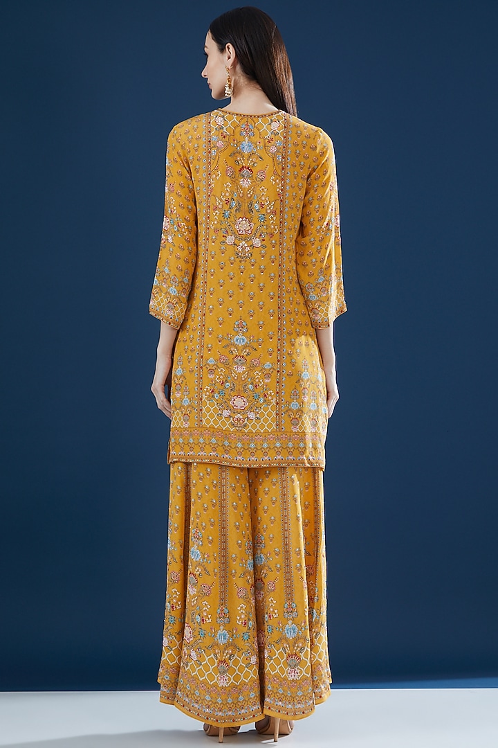 Mustard Crepe & Georgette Printed Party Wear Sharara Set by NIRRAAMYAA at Pernia's Pop Up Shop
