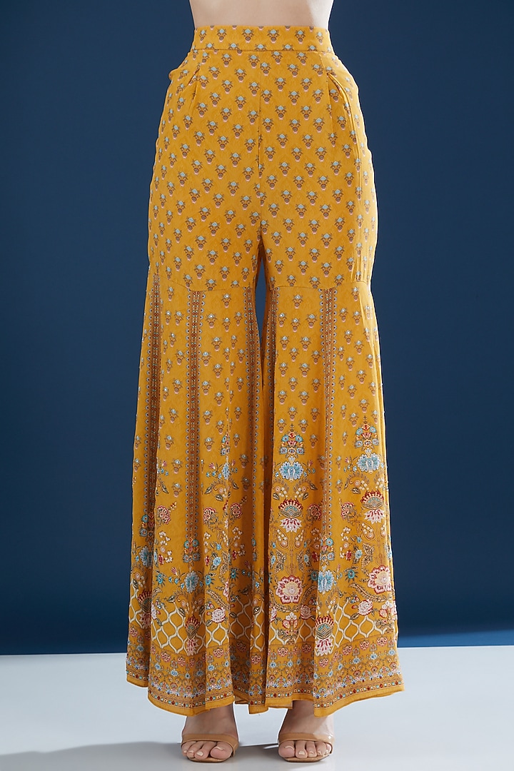 Mustard Crepe & Georgette Printed Party Wear Sharara Set by NIRRAAMYAA at Pernia's Pop Up Shop