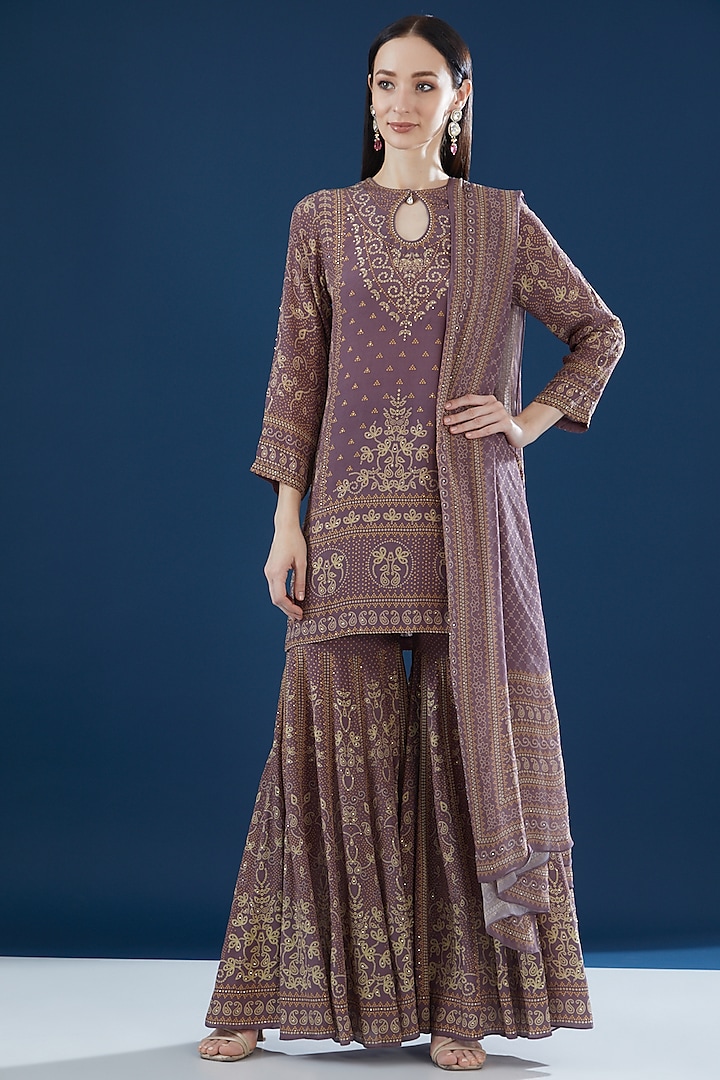 Purple Crepe & Georgette Printed Sharara Set by NIRRAAMYAA