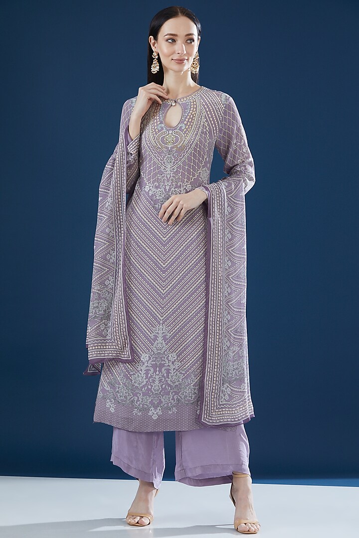 Lavender Crepe & Georgette Embroidered Kurta Set by NIRRAAMYAA