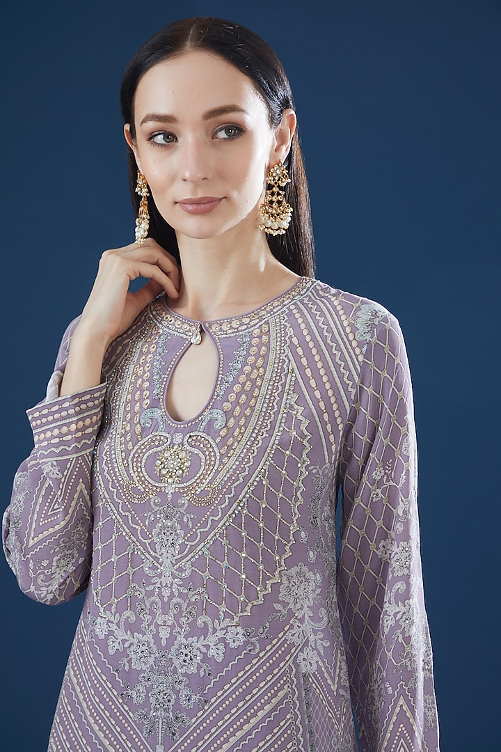 Lavender Crepe & Georgette Embroidered Kurta Set by NIRRAAMYAA at Pernia's Pop Up Shop