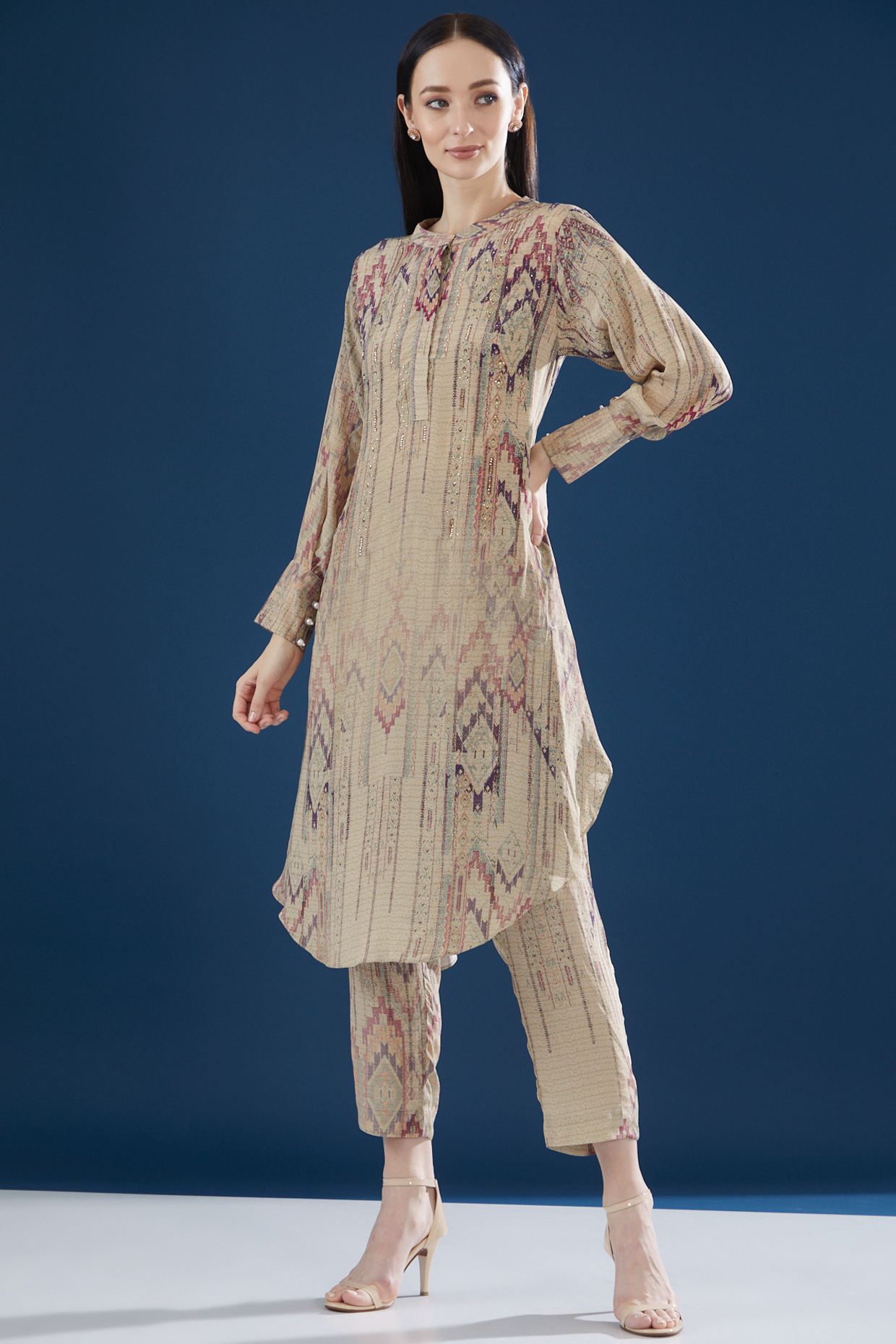 Beige Crepe Printed & Embroidered Kurta Set by NIRRAAMYAA at Pernia's Pop Up Shop