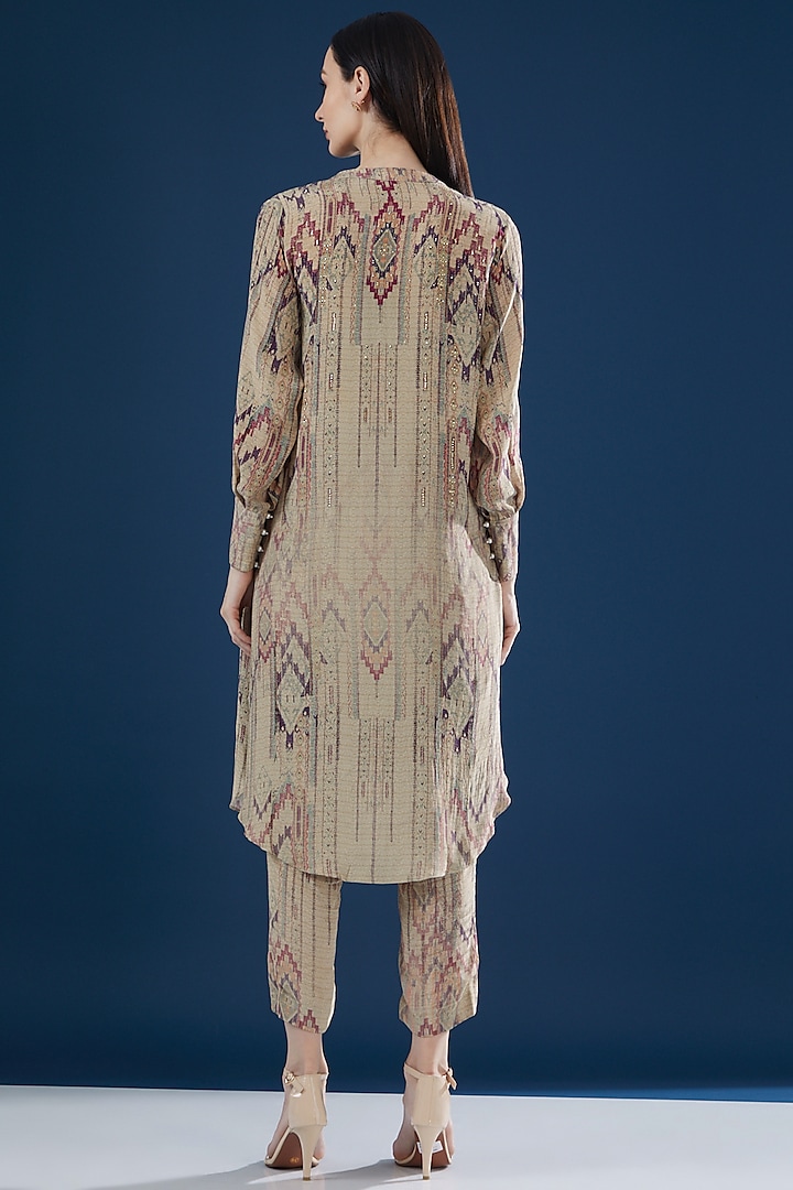 Beige Crepe Printed & Embroidered Kurta Set by NIRRAAMYAA at Pernia's Pop Up Shop