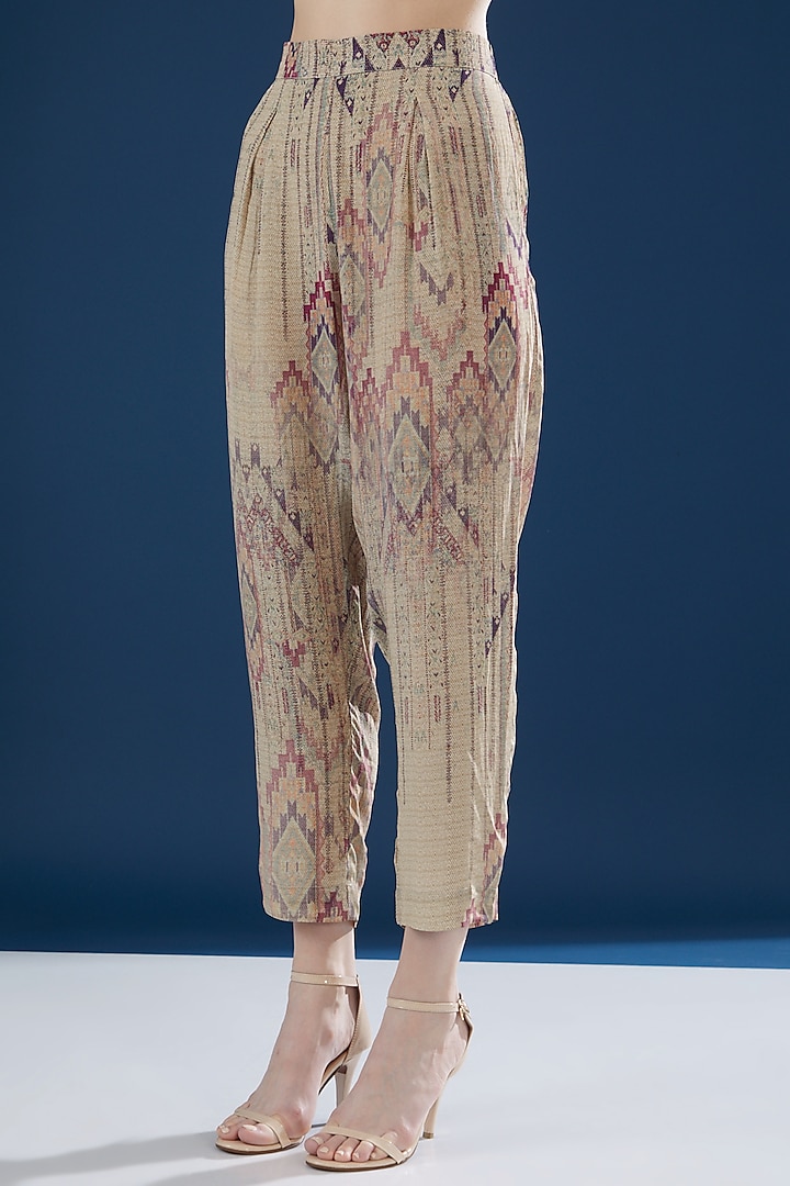 Beige Crepe Printed & Embroidered Kurta Set by NIRRAAMYAA at Pernia's Pop Up Shop