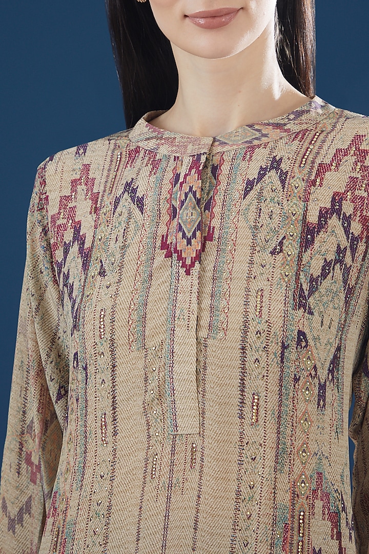 Beige Crepe Printed & Embroidered Kurta Set by NIRRAAMYAA at Pernia's Pop Up Shop