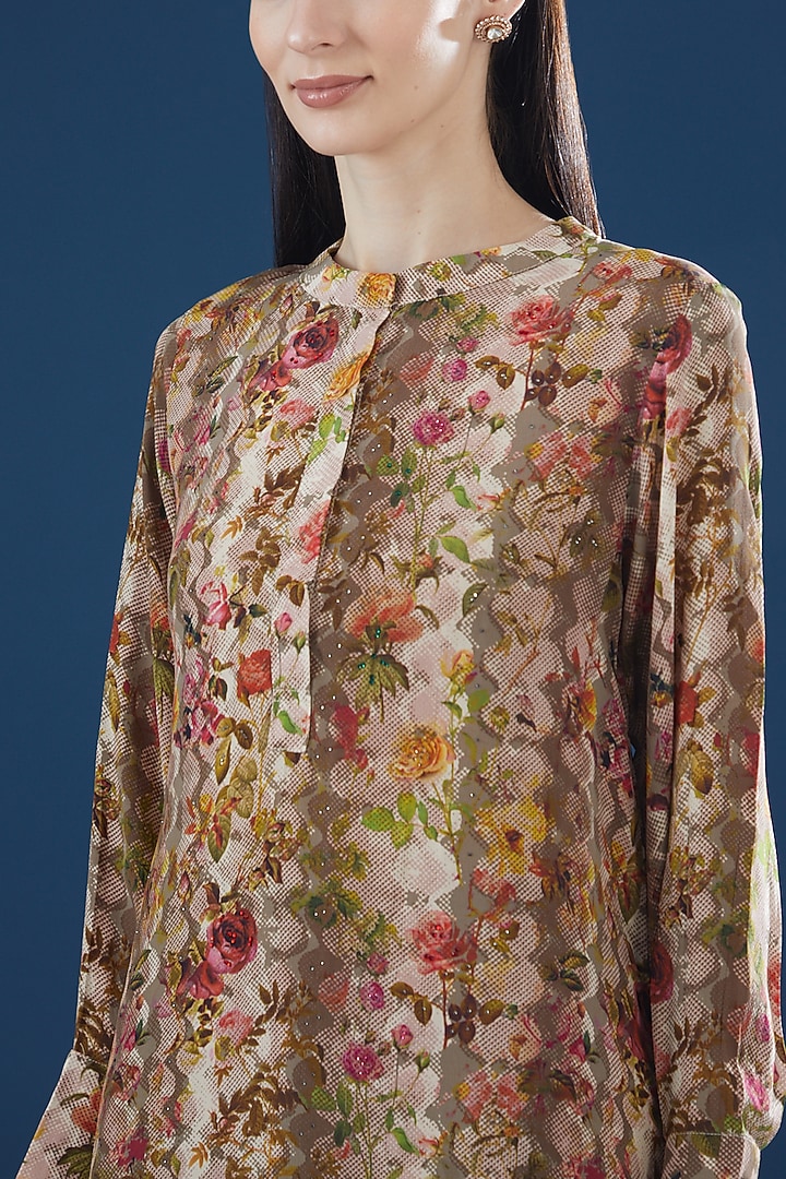 Multi-Colored Crepe Printed & Embroidered Kurta Set by NIRRAAMYAA at Pernia's Pop Up Shop