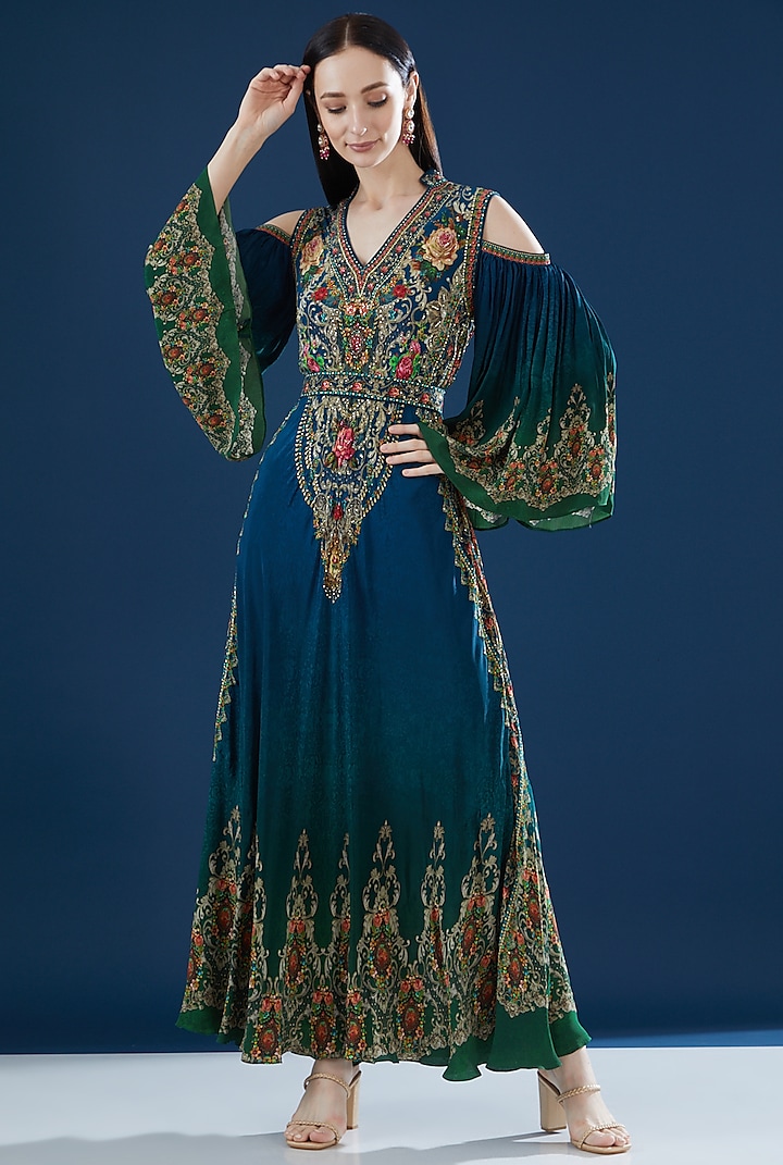 Blue-Green Crepe Embroidered & Printed Gown by NIRRAAMYAA