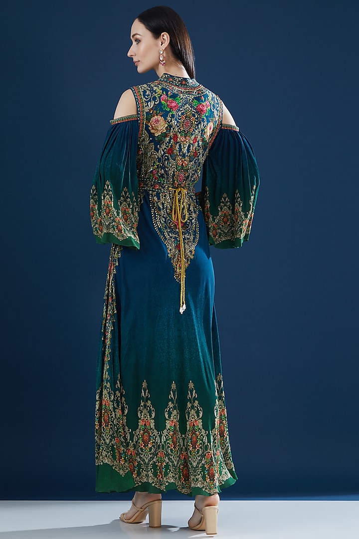 Blue-Green Crepe Embroidered & Printed Party Wear Gown by NIRRAAMYAA at Pernia's Pop Up Shop