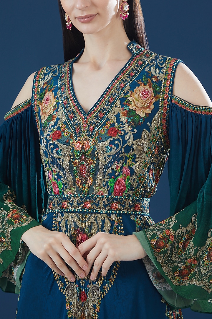 Blue-Green Crepe Embroidered & Printed Party Wear Gown by NIRRAAMYAA at Pernia's Pop Up Shop