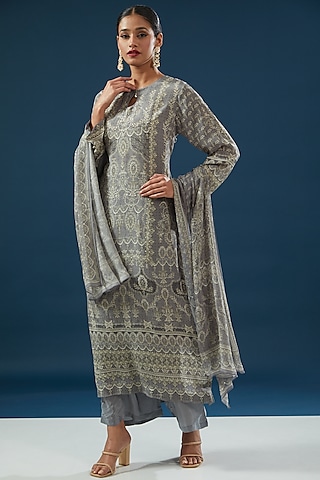 Light Grey Crepe & Georgette Printed Kurta Set by NIRRAAMYAA