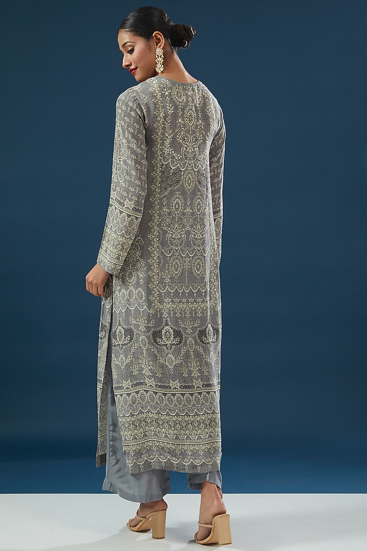 Light Grey Crepe & Georgette Printed Kurta Set by NIRRAAMYAA at Pernia's Pop Up Shop
