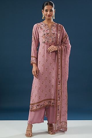 Pale Pink Crepe & Georgette Printed Kurta Set by NIRRAAMYAA