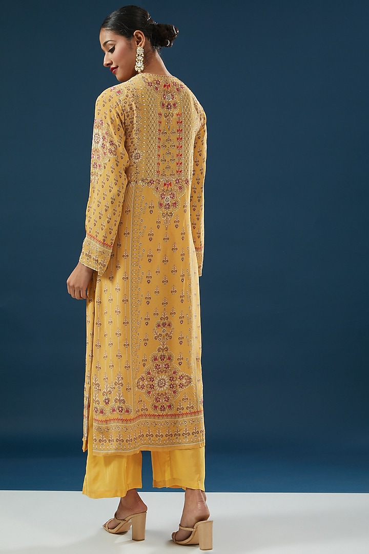 Mustard Crepe & Georgette Printed Kurta Set by NIRRAAMYAA at Pernia's Pop Up Shop