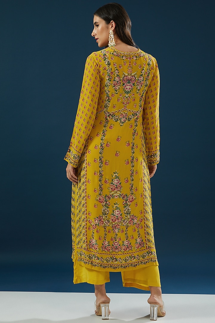 Mustard Crepe & Georgette Printed Kurta Set by NIRRAAMYAA at Pernia's Pop Up Shop