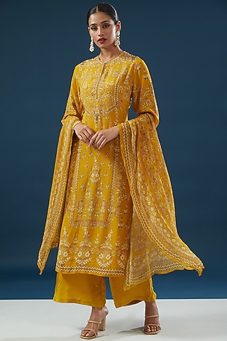 Mustard Crepe & Georgette Printed Kurta Set by NIRRAAMYAA