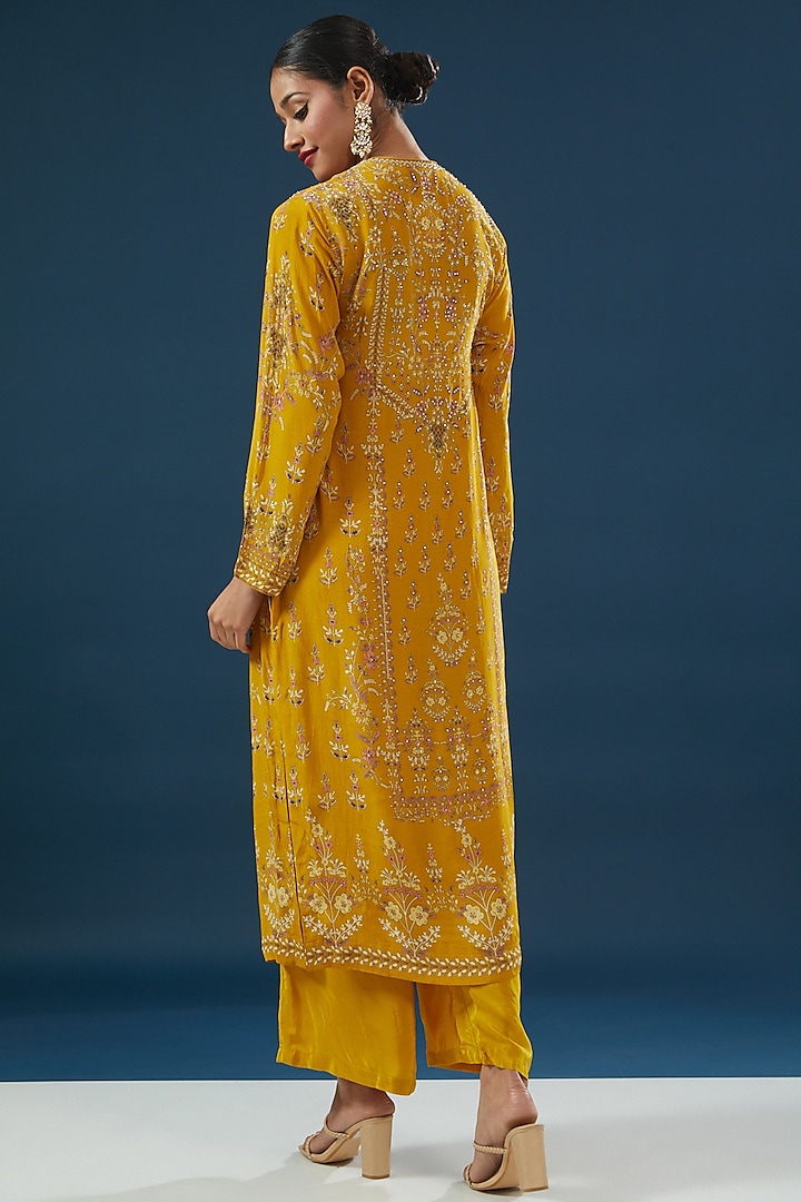 Mustard Crepe & Georgette Printed Kurta Set by NIRRAAMYAA at Pernia's Pop Up Shop