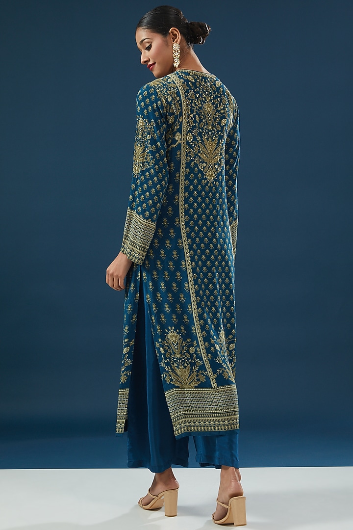 Dark Blue Crepe & Georgette Printed Kurta Set by NIRRAAMYAA at Pernia's Pop Up Shop