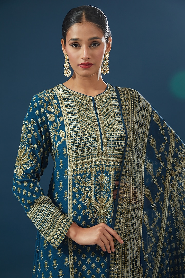 Dark Blue Crepe & Georgette Printed Kurta Set by NIRRAAMYAA at Pernia's Pop Up Shop
