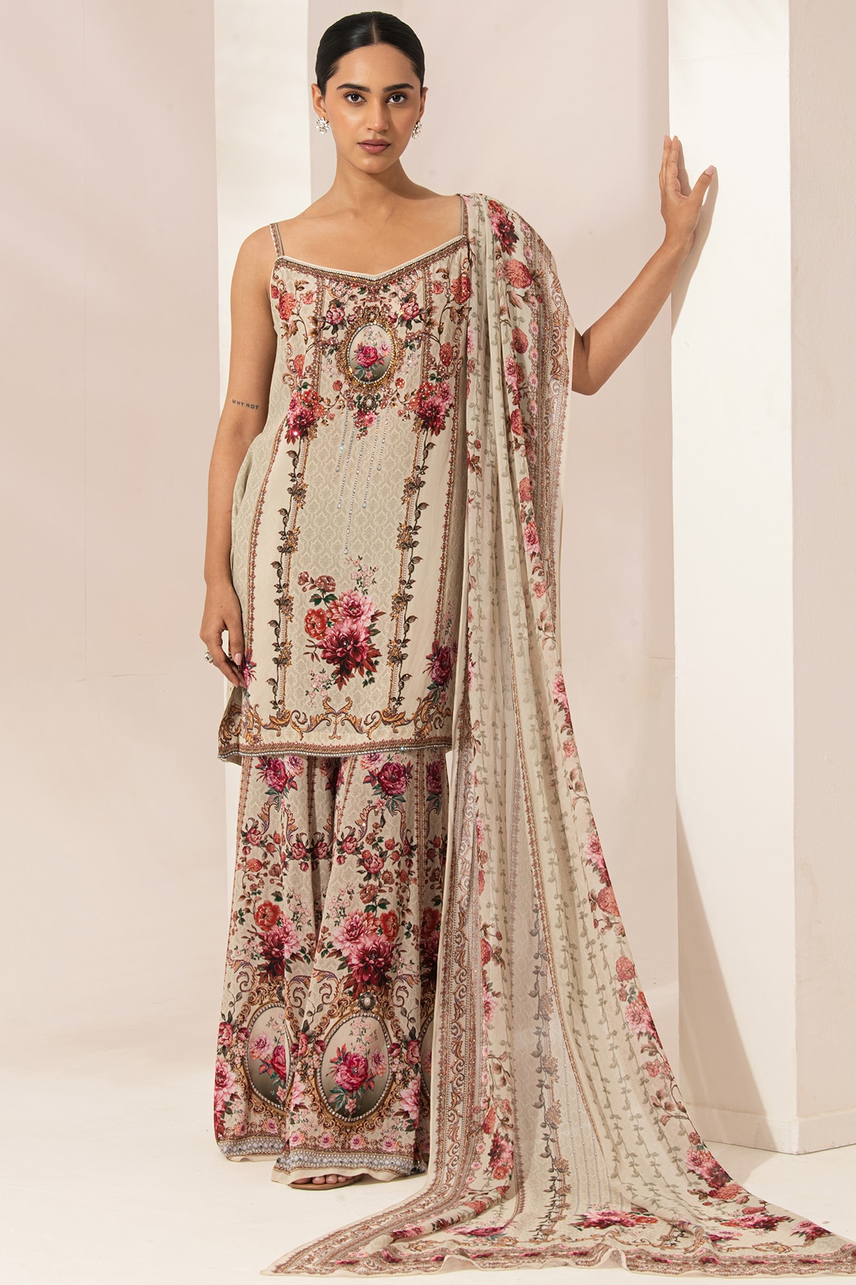 NIRRAAMYAA Beige Bemberg Crepe Digital Printed Sharara Set
