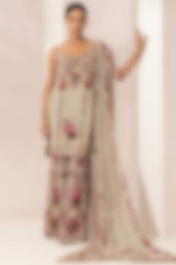 Beige Bemberg Crepe Digital Printed Party Wear Sharara Set by NIRRAAMYAA at Pernia's Pop Up Shop