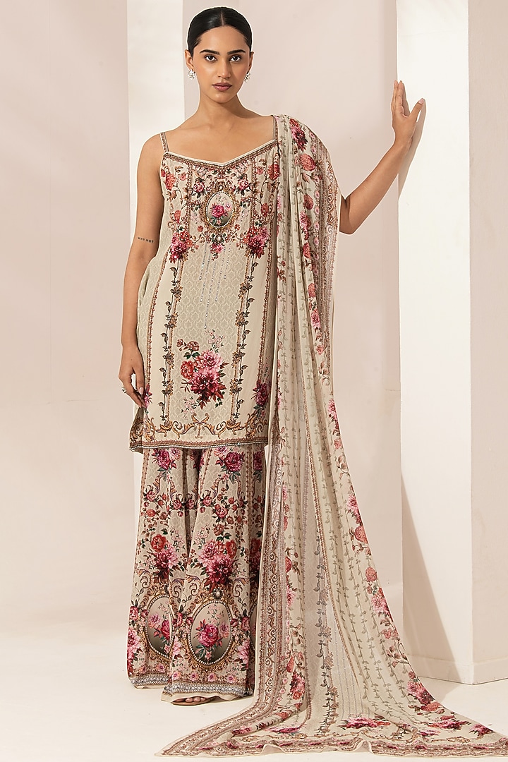 Beige Bemberg Crepe Digital Printed Party Wear Sharara Set by NIRRAAMYAA at Pernia's Pop Up Shop