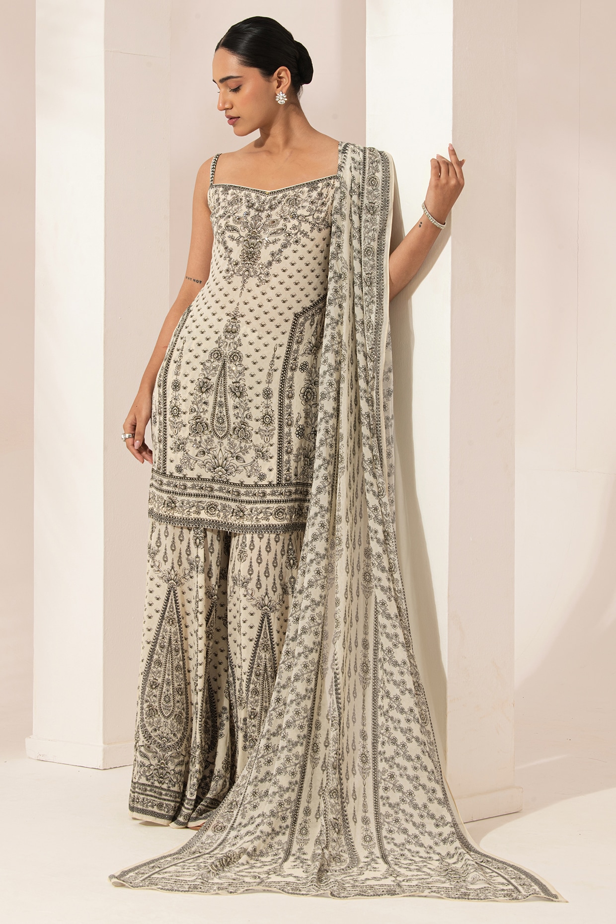 NIRRAAMYAA Ivory Bemberg Crepe Digital Printed Sharara Set