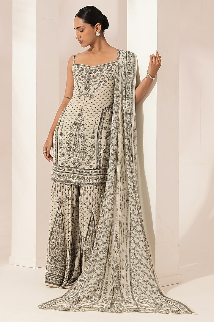 Ivory Bemberg Crepe Digital Printed Party Wear Sharara Set by NIRRAAMYAA at Pernia's Pop Up Shop
