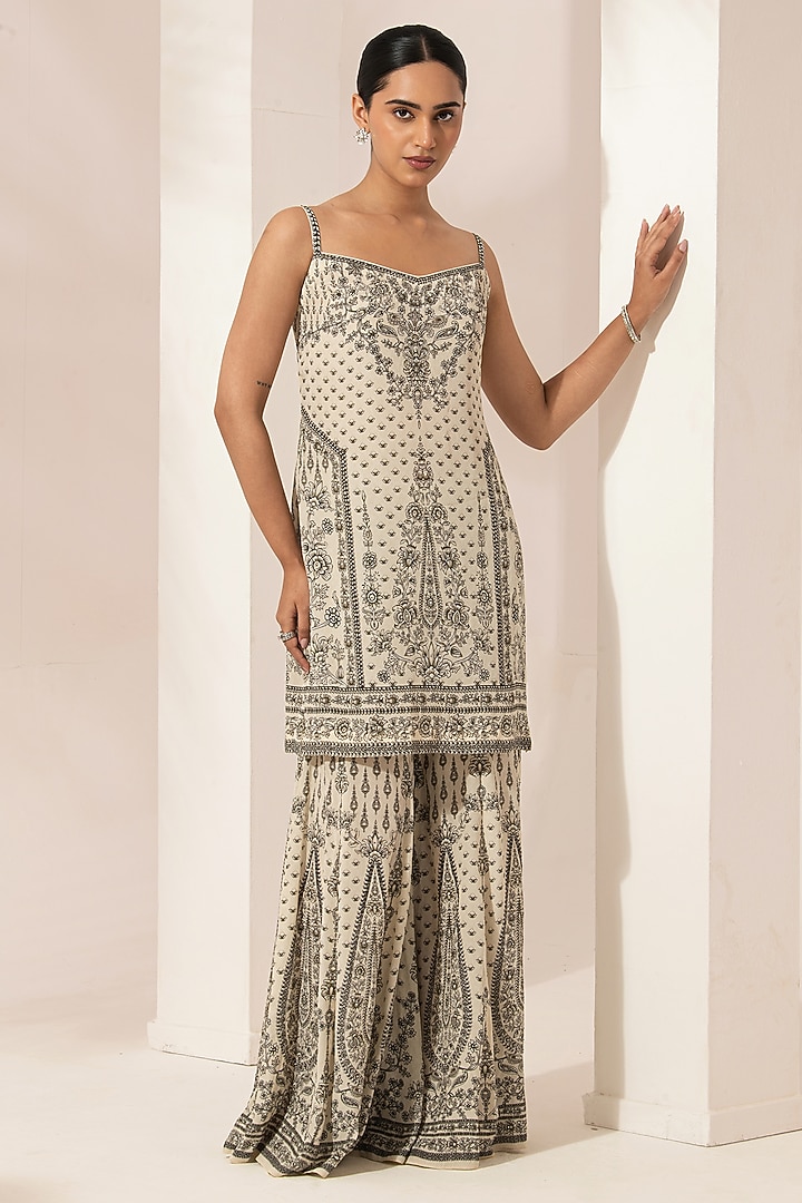 Ivory Bemberg Crepe Digital Printed Party Wear Sharara Set by NIRRAAMYAA at Pernia's Pop Up Shop