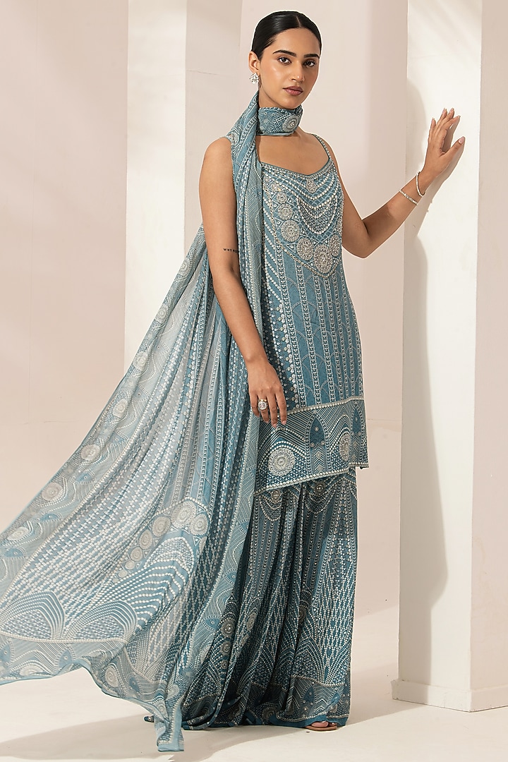 Aqua Bemberg Crepe Digital Printed Party Wear Sharara Set by NIRRAAMYAA at Pernia's Pop Up Shop