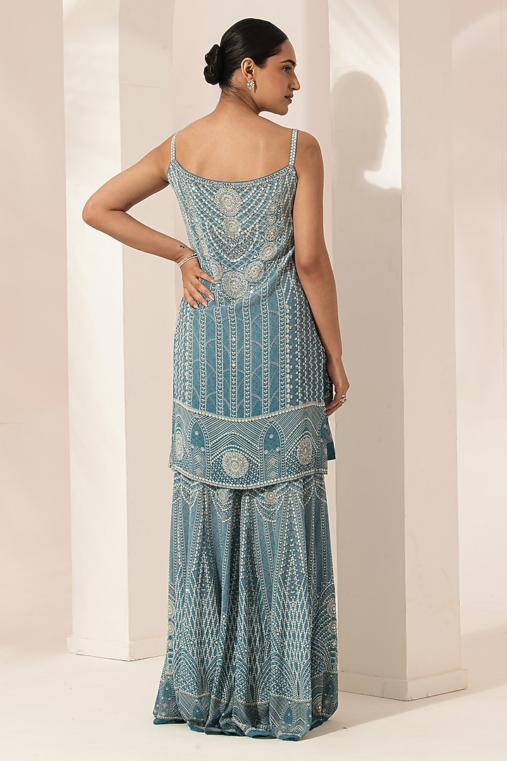 Aqua Bemberg Crepe Digital Printed Party Wear Sharara Set by NIRRAAMYAA at Pernia's Pop Up Shop