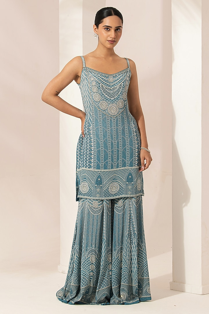 Aqua Bemberg Crepe Digital Printed Party Wear Sharara Set by NIRRAAMYAA at Pernia's Pop Up Shop
